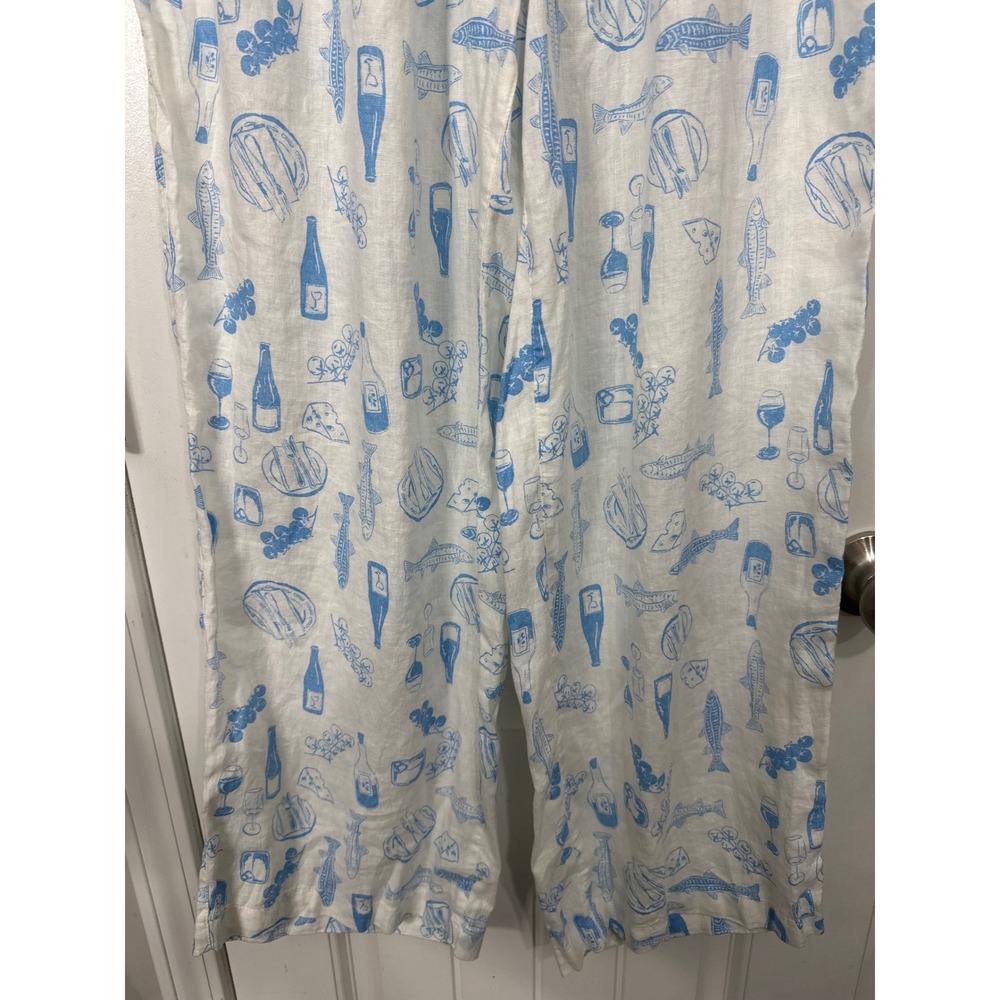 Cynthia Rowley 100% Linen Wide Leg Pants Blue White Wine Fish Print Womens L - Picture 3 of 7